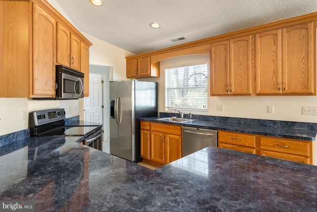 kitchen with appliances with stainless steel finishes, a textured ceiling, lofted ceiling, and sink