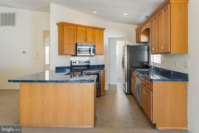 kitchen featuring a textured ceiling, light carpet, stainless steel appliances, and lofted ceiling