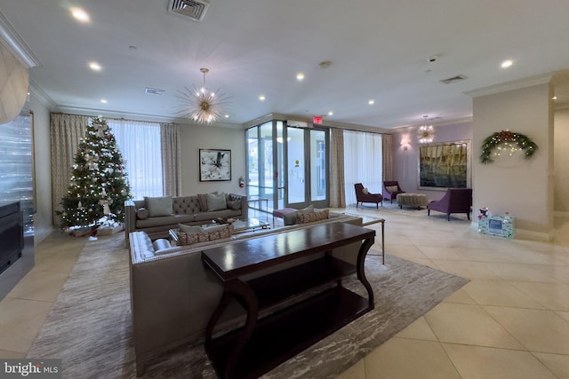 living room with light tile patterned flooring and ornamental molding