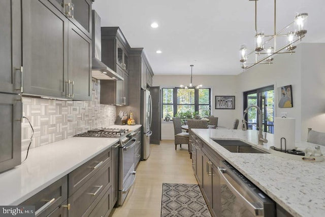 kitchen with sink, wall chimney exhaust hood, decorative backsplash, appliances with stainless steel finishes, and decorative light fixtures