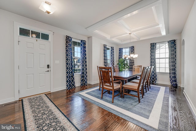 dining space with beam ceiling, a chandelier, dark wood-type flooring, and coffered ceiling