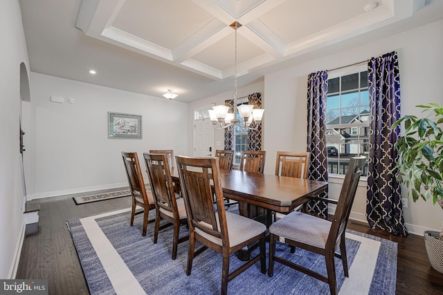 dining space featuring coffered ceiling, beamed ceiling, dark hardwood / wood-style floors, and an inviting chandelier