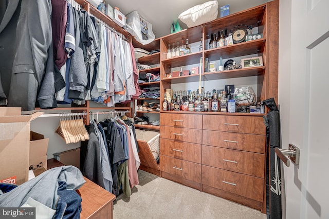 walk in closet featuring light colored carpet