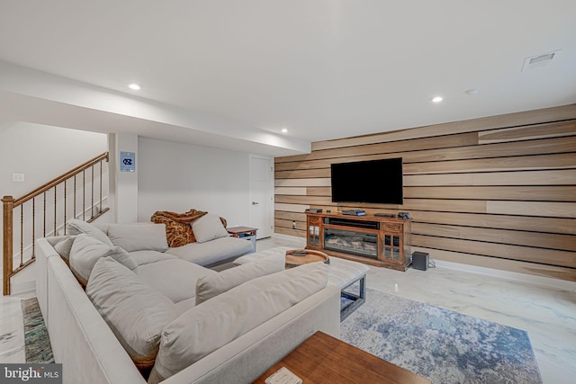 living room with a fireplace