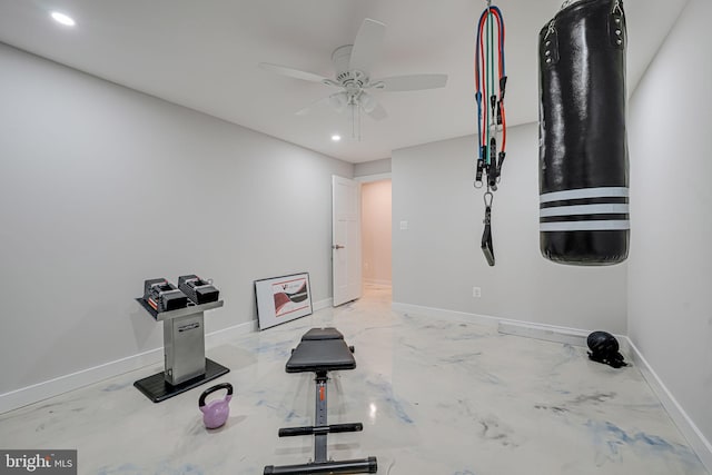 workout room with ceiling fan