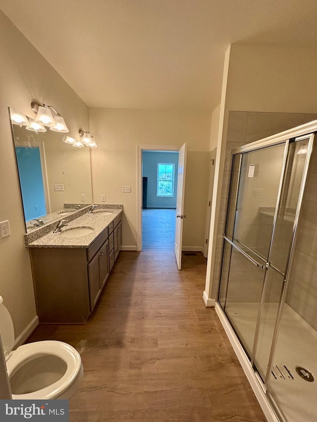 bathroom featuring a shower with door, vanity, and hardwood / wood-style flooring