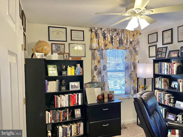 carpeted office featuring ceiling fan