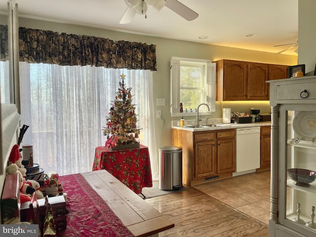 kitchen featuring white dishwasher, ceiling fan, sink, and light hardwood / wood-style flooring