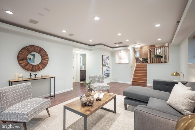 living room with dark hardwood / wood-style flooring