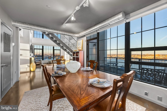 dining room featuring hardwood / wood-style floors and track lighting