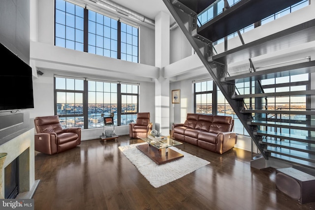 interior space with a towering ceiling and dark hardwood / wood-style floors