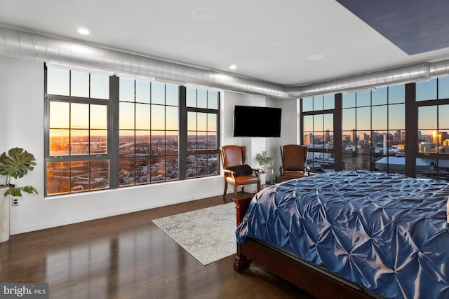 bedroom with dark hardwood / wood-style floors and multiple windows