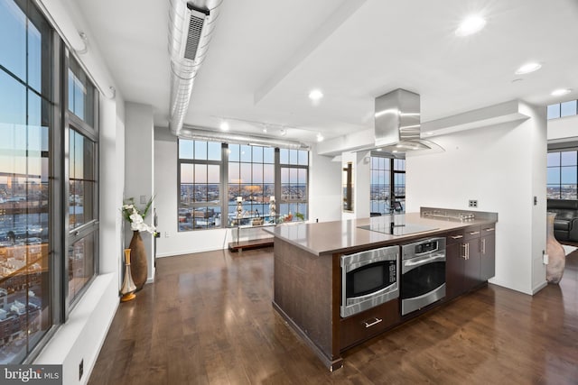 kitchen with island exhaust hood, dark brown cabinets, stainless steel appliances, and dark hardwood / wood-style floors