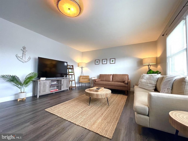 living room with dark hardwood / wood-style flooring