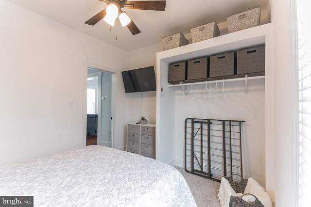 bedroom featuring ceiling fan and carpet floors