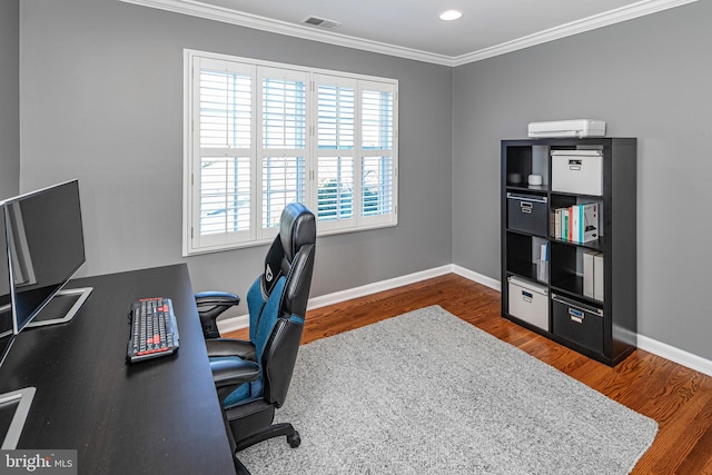 home office featuring ornamental molding and dark wood-type flooring