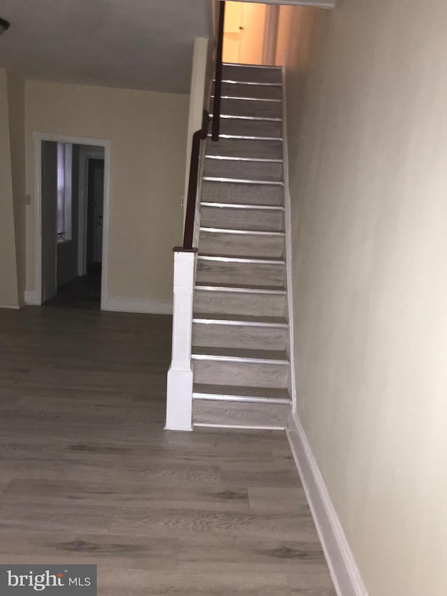 staircase with hardwood / wood-style flooring