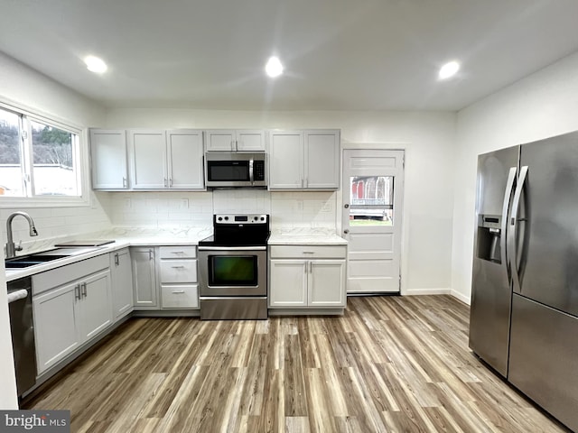 kitchen with white cabinetry, sink, stainless steel appliances, tasteful backsplash, and light wood-type flooring