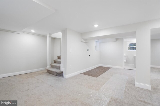 basement with light carpet