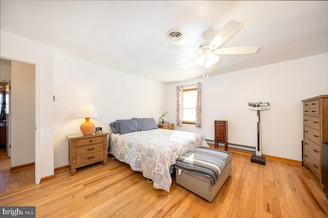 bedroom featuring ceiling fan, light hardwood / wood-style floors, and a baseboard radiator