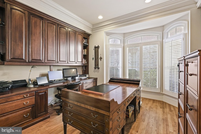 office space featuring light hardwood / wood-style flooring and ornamental molding