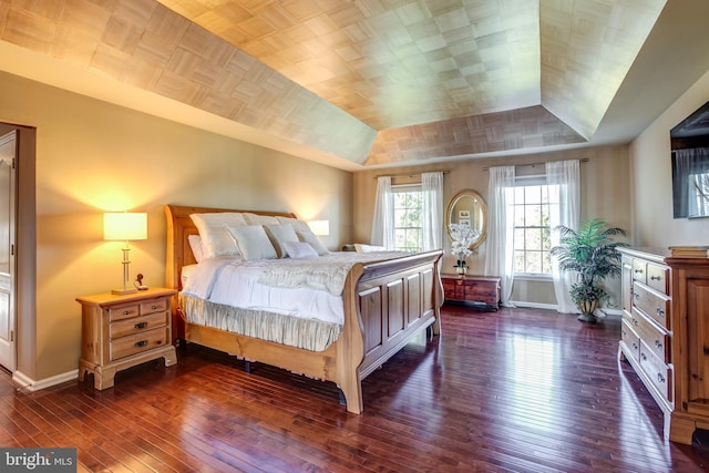 bedroom featuring a raised ceiling and dark hardwood / wood-style floors