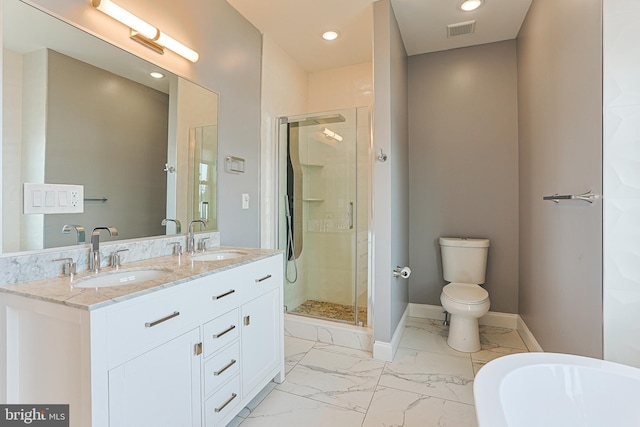 full bathroom featuring vanity, toilet, and independent shower and bath