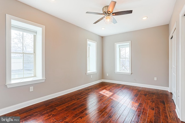 unfurnished room with dark hardwood / wood-style flooring, a wealth of natural light, and a closet