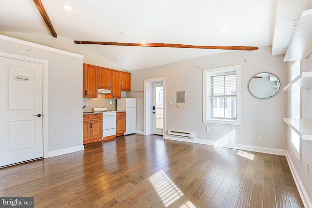 kitchen with tasteful backsplash, white appliances, dark hardwood / wood-style flooring, and lofted ceiling with beams