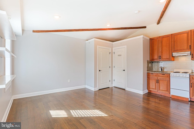 interior space featuring electric stove, dark wood-type flooring, tasteful backsplash, and lofted ceiling with beams