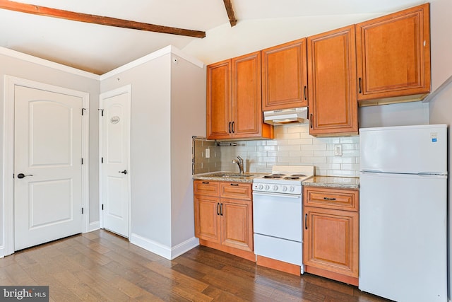 kitchen featuring lofted ceiling with beams, dark hardwood / wood-style flooring, decorative backsplash, light stone counters, and white appliances