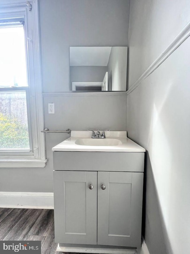 bathroom with vanity and wood-type flooring