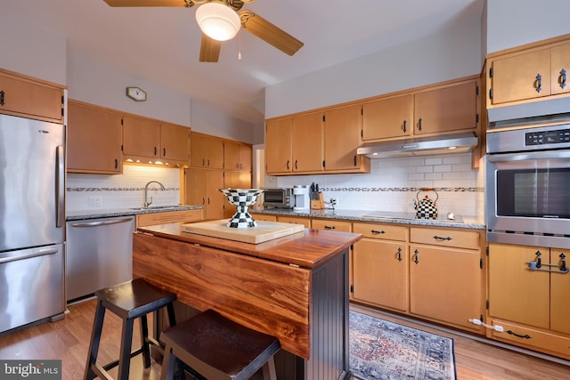 kitchen with decorative backsplash, light hardwood / wood-style flooring, stainless steel appliances, and sink