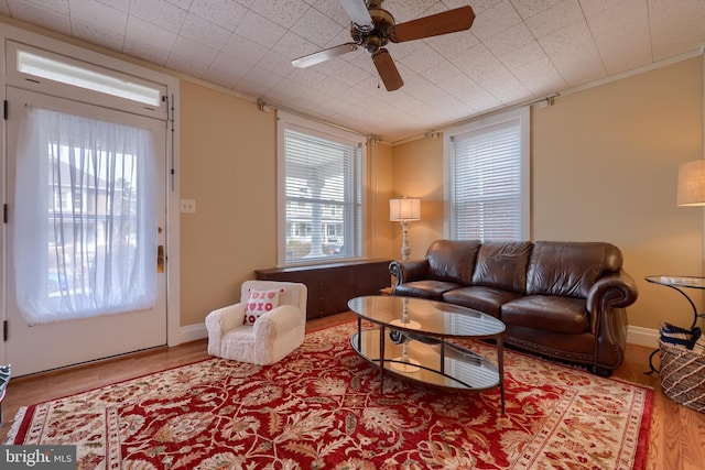 living room featuring hardwood / wood-style floors and ceiling fan