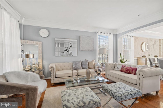 living room with crown molding and hardwood / wood-style floors