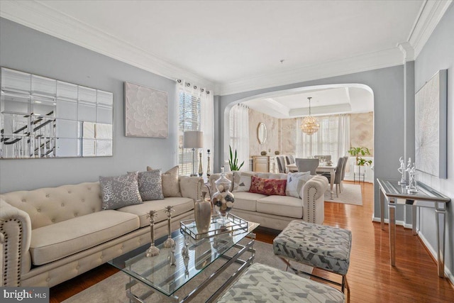 living room featuring crown molding, an inviting chandelier, and hardwood / wood-style flooring