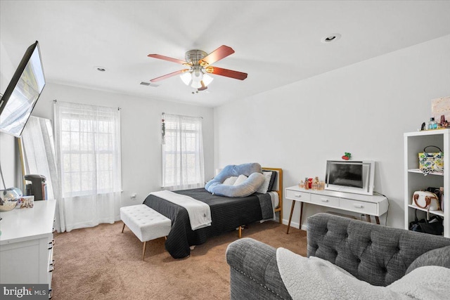 carpeted bedroom with ceiling fan and multiple windows