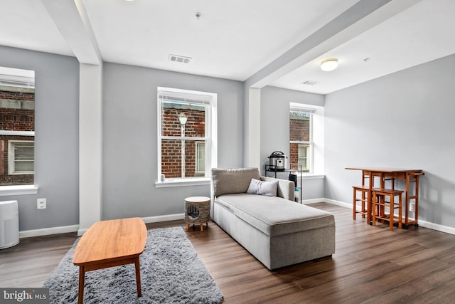 sitting room with dark wood-type flooring and a healthy amount of sunlight