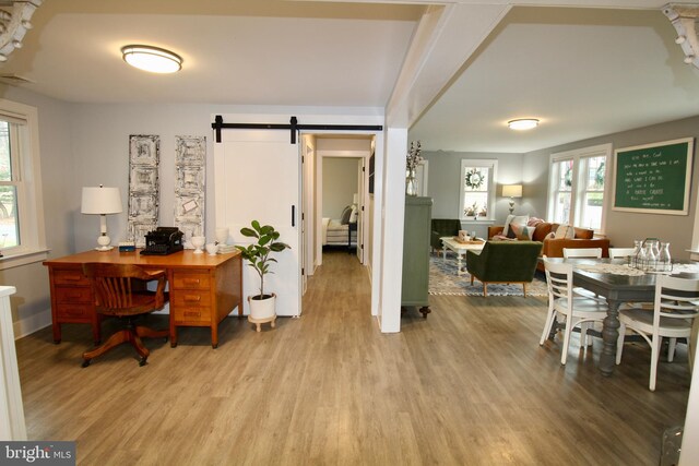 home office featuring light hardwood / wood-style floors and a barn door