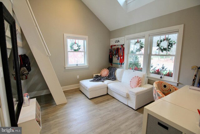 living room featuring light hardwood / wood-style flooring and high vaulted ceiling