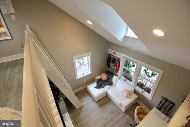 living room with hardwood / wood-style floors and high vaulted ceiling