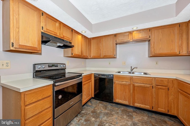 kitchen featuring sink, stainless steel range with electric cooktop, a textured ceiling, and black dishwasher