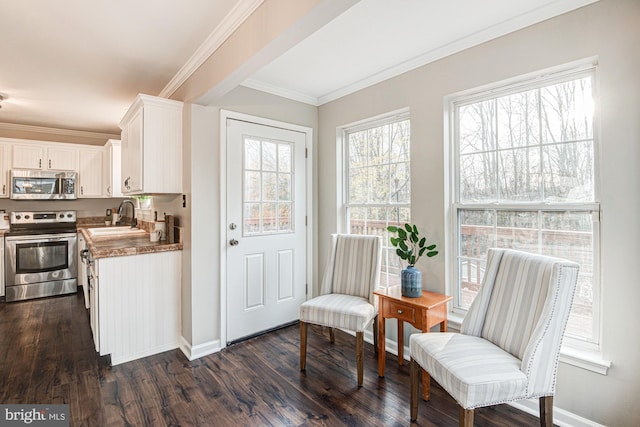 kitchen featuring dark wood-type flooring, sink, ornamental molding, white cabinetry, and stainless steel appliances