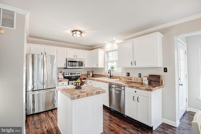 kitchen featuring sink, a center island, dark hardwood / wood-style floors, and appliances with stainless steel finishes