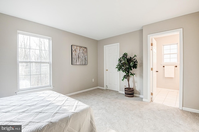 carpeted bedroom featuring connected bathroom and multiple windows