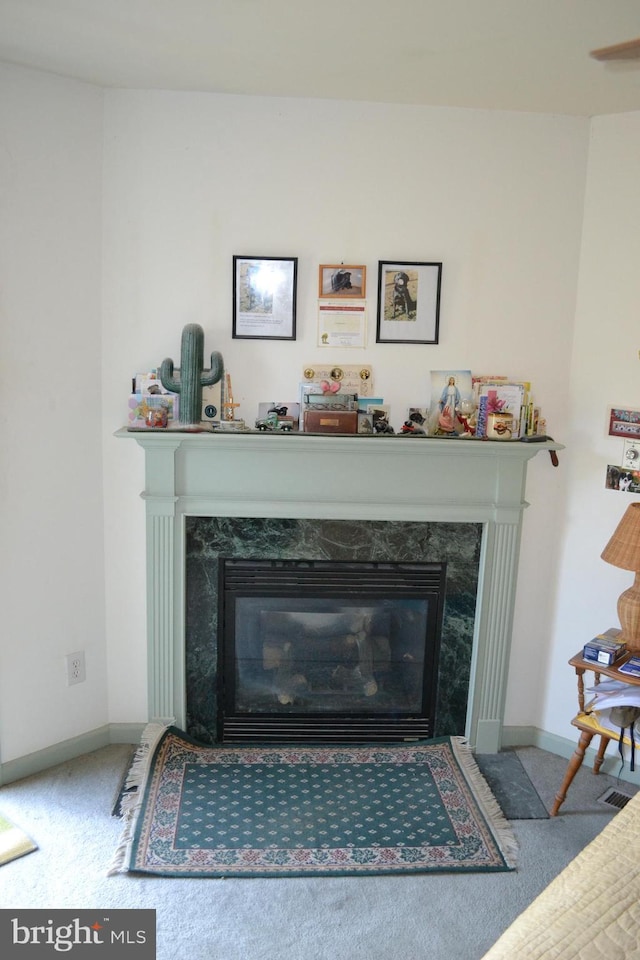 room details featuring a fireplace and carpet flooring