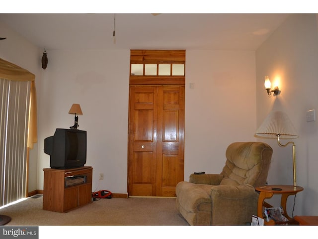 sitting room with carpet floors