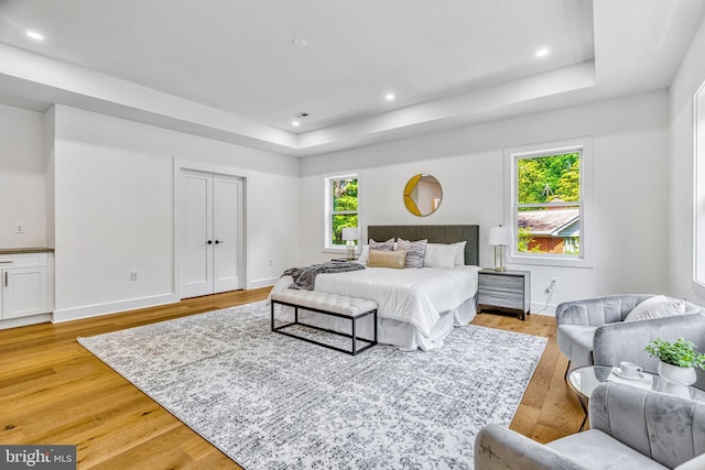 bedroom with a raised ceiling, multiple windows, and light hardwood / wood-style flooring