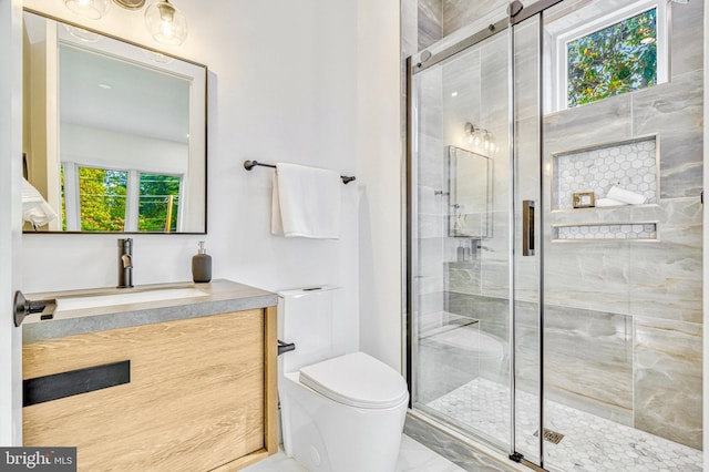 bathroom with vanity, an enclosed shower, and toilet