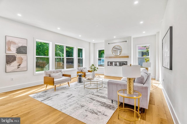 living room with a healthy amount of sunlight and light hardwood / wood-style flooring